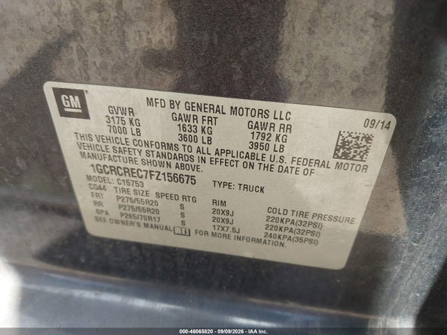 46065820 :رقم المزاد ، 1GCRCREC7FZ156675 vin ، 2015 Chevrolet Silverado 1500 1lt مزاد بيع