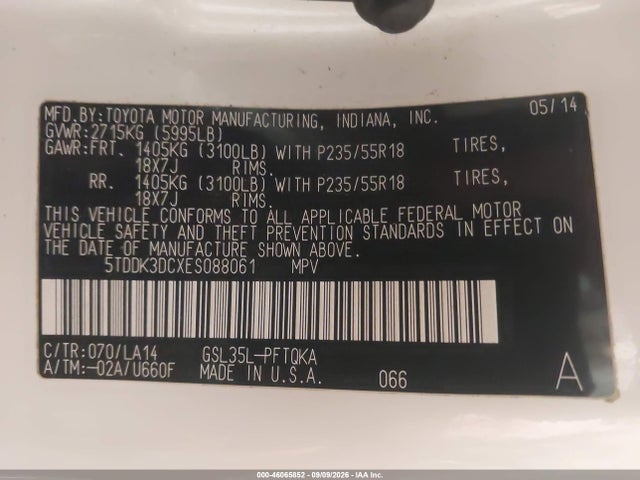 Продажа на аукционе авто 2014 Toyota Sienna Ltd, vin: 5TDDK3DCXES088061, номер лота: 46065852
