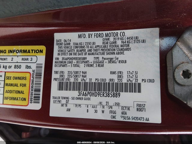 2014 Ford Fusion Se მანქანა იყიდება აუქციონზე, vin: 3FA6P0HD9ER385889, აუქციონის ნომერი: 46065854