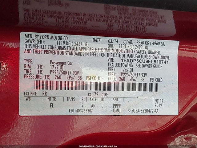 2014 Ford C-max Energi Sel მანქანა იყიდება აუქციონზე, vin: 1FADP5CU9EL510741, აუქციონის ნომერი: 46065856