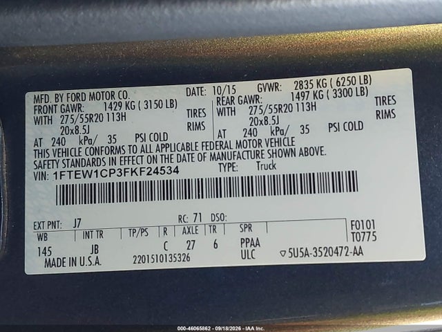 2015 Ford F-150 Xlt მანქანა იყიდება აუქციონზე, vin: 1FTEW1CP3FKF24534, აუქციონის ნომერი: 46065862