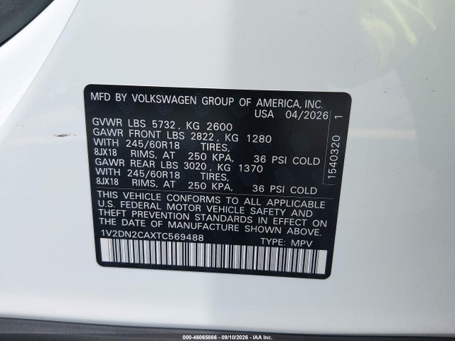 46065866 :رقم المزاد ، 1V2DN2CAXTC569488 vin ، 2026 Volkswagen Atlas Se مزاد بيع