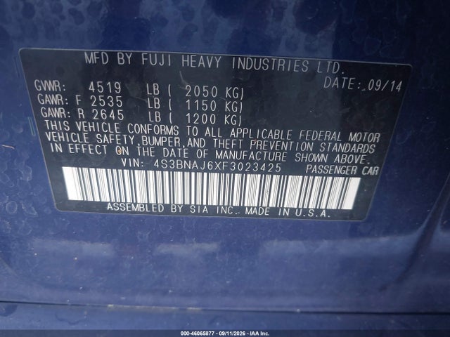 Продажа на аукционе авто 2015 Subaru Legacy 2.5i Limited, vin: 4S3BNAJ6XF3023425, номер лота: 46065877