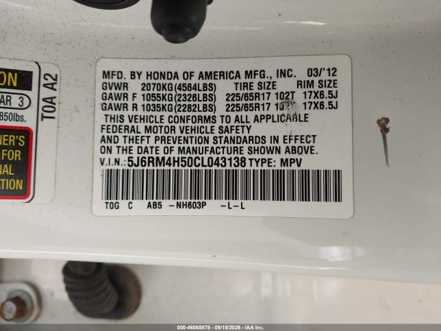 Продажа на аукционе авто 2012 Honda Cr-v Ex, vin: 5J6RM4H50CL043138, номер лота: 46065878