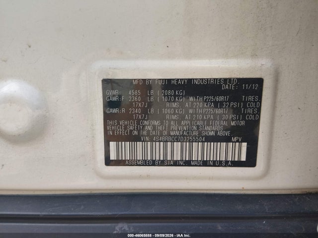 46065888 :رقم المزاد ، 4S4BRBCC7D3255504 vin ، 2013 Subaru Outback 2.5i Premium مزاد بيع