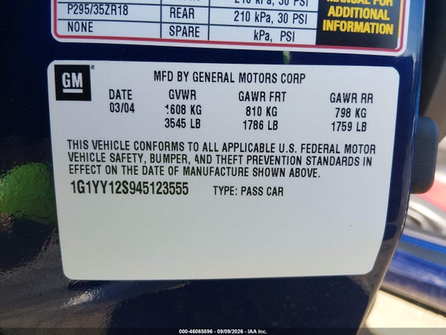 46065896 :رقم المزاد ، 1G1YY12S945123555 vin ، 2004 Chevrolet Corvette Z06 Hardtop مزاد بيع