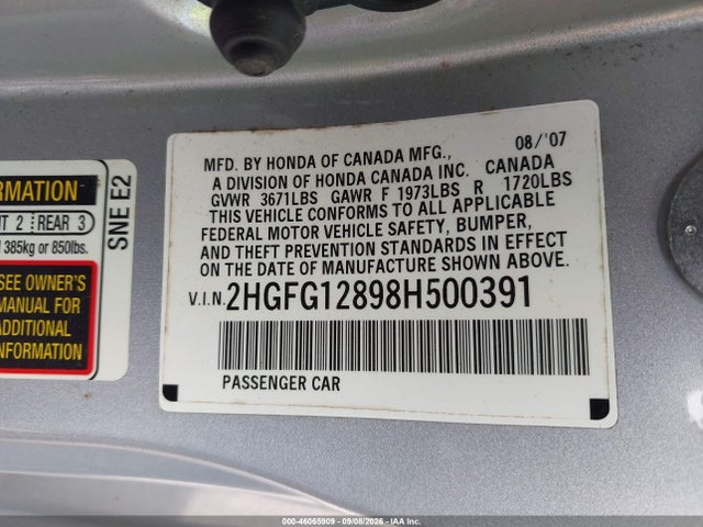 2008 Honda Civic Ex მანქანა იყიდება აუქციონზე, vin: 2HGFG12898H500391, აუქციონის ნომერი: 46065909
