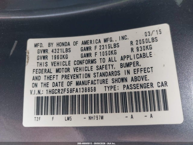 Продаж на аукціоні авто 2015 Honda Accord Sport, vin: 1HGCR2F58FA138858, номер лоту: 46065913