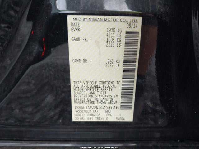 2015 Nissan Altima 2.5 S მანქანა იყიდება აუქციონზე, vin: 1N4AL3AP7FN325626, აუქციონის ნომერი: 46065928