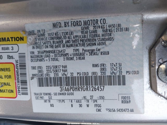Aukcja sprzedaży 2013 Ford Fusion Se, vin: 3FA6P0HR9DR126457, numer aukcji: 46065936