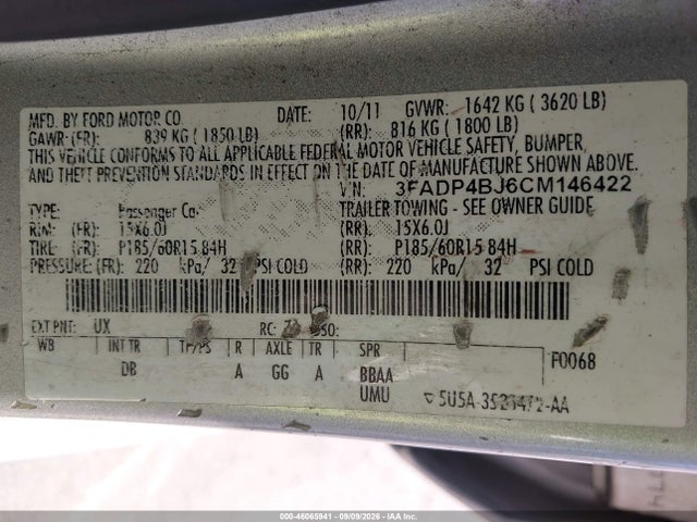 2012 Ford Fiesta Se მანქანა იყიდება აუქციონზე, vin: 3FADP4BJ6CM146422, აუქციონის ნომერი: 46065941