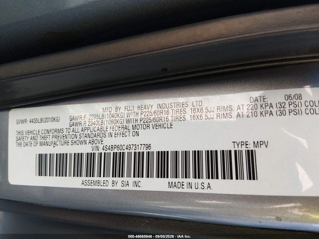 Aukcja sprzedaży 2009 Subaru Outback 2.5i, vin: 4S4BP60C497317796, numer aukcji: 46065946