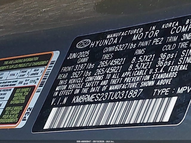46065947 :رقم المزاد ، KM8RMES23TU031887 vin ، 2026 Hyundai Palisade Calligraphy مزاد بيع