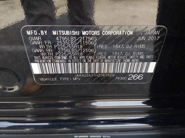 Aukcja sprzedaży 2017 Mitsubishi Outlander Es, vin: JA4AD2A31HZ061520, numer aukcji: 46065955