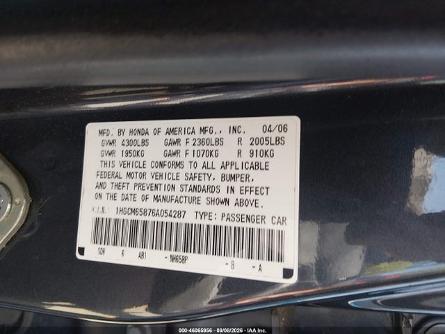 2006 Honda Accord 3.0 Ex მანქანა იყიდება აუქციონზე, vin: 1HGCM65876A054287, აუქციონის ნომერი: 46065956