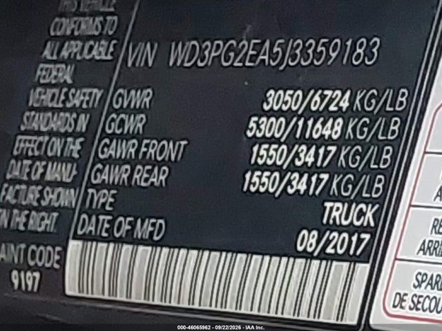 46065962 :رقم المزاد ، WD3PG2EA5J3359183 vin ، 2018 Mercedes-benz Metris مزاد بيع
