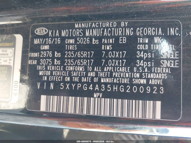5XYPG4A35HG200923 KIA Sorento 2.4l Lx