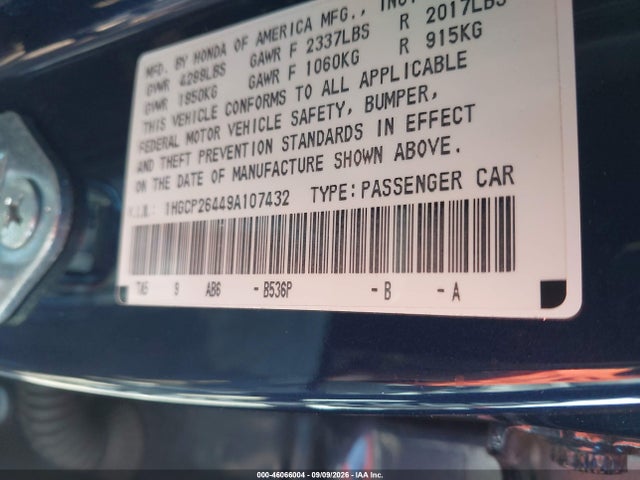 Продаж на аукціоні авто 2009 Honda Accord 2.4 Lx-p, vin: 1HGCP26449A107432, номер лоту: 46066004