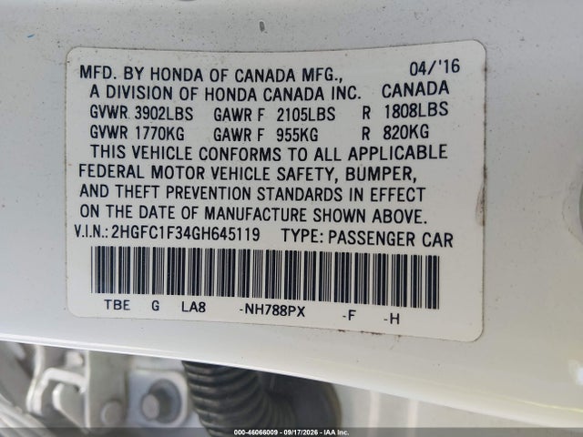 Продаж на аукціоні авто 2016 Honda Civic Ex-t, vin: 2HGFC1F34GH645119, номер лоту: 46066009