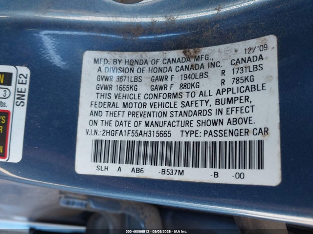 Продажа на аукционе авто 2010 Honda Civic Lx, vin: 2HGFA1F55AH315665, номер лота: 46066012
