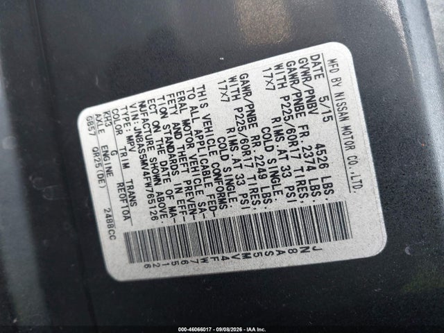 46066017 :رقم المزاد ، JN8AS5MV4FW765126 vin ، 2015 Nissan Rogue Select S مزاد بيع