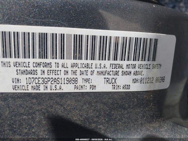 46066027 :رقم المزاد ، 1D7CE3GP2AS119098 vin ، 2010 Dodge Dakota Bighorn/lonestar مزاد بيع