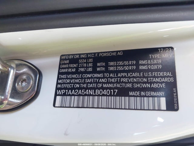 Aukcja sprzedaży 2022 Porsche Macan, vin: WP1AA2A54NLB04017, numer aukcji: 46066031