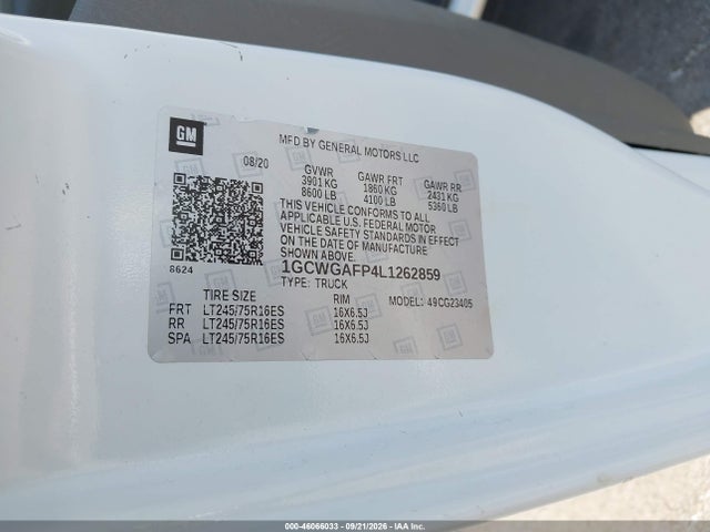 Продажа на аукционе авто 2020 Chevrolet Express Cargo Rwd 2500 Regular Wheelbase Wt, vin: 1GCWGAFP4L1262859, номер лота: 46066033