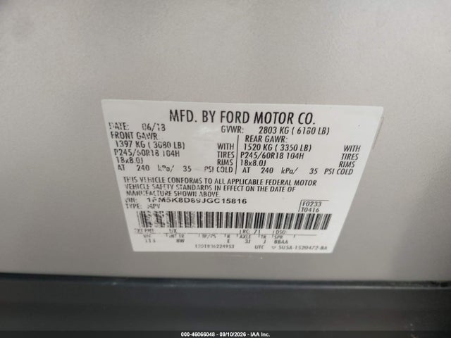 46066048 :رقم المزاد ، 1FM5K8D89JGC15816 vin ، 2018 Ford Explorer Xlt مزاد بيع