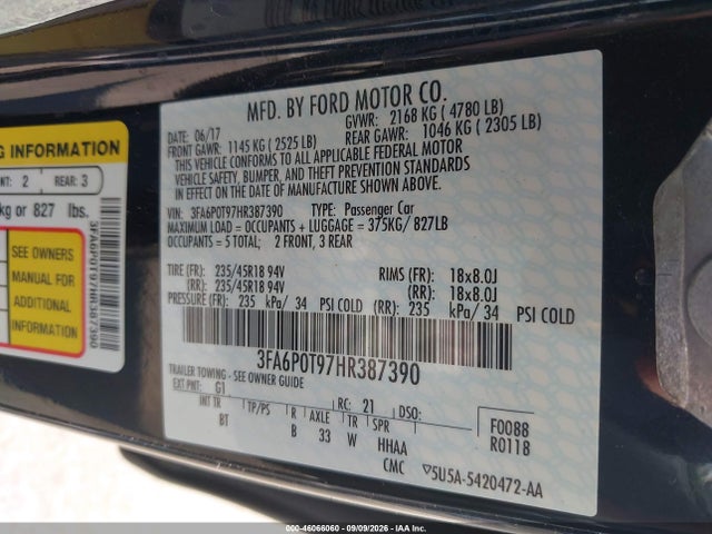 Aukcja sprzedaży 2017 Ford Fusion Se, vin: 3FA6P0T97HR387390, numer aukcji: 46066060