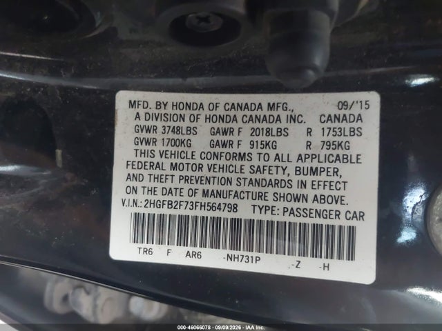 Продажа на аукционе авто 2015 Honda Civic Se, vin: 2HGFB2F73FH564798, номер лота: 46066078