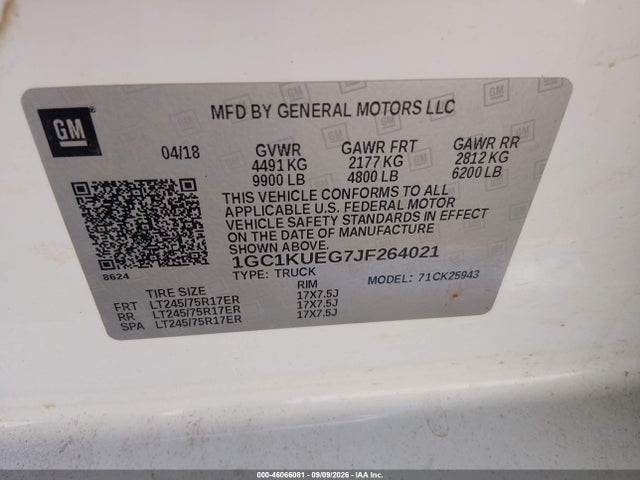 Aukcja sprzedaży 2018 Chevrolet Silverado 2500hd Wt, vin: 1GC1KUEG7JF264021, numer aukcji: 46066081