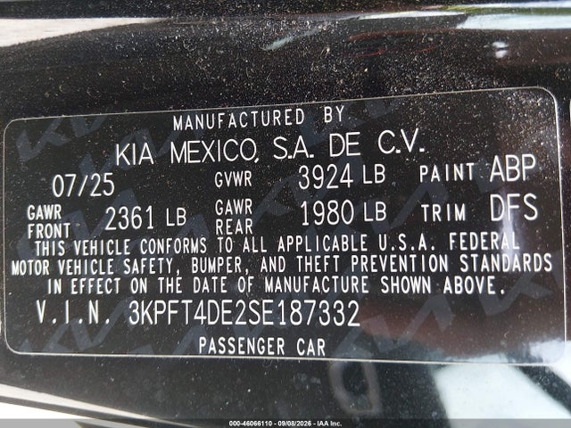 2025 Kia K4 Lxs მანქანა იყიდება აუქციონზე, vin: 3KPFT4DE2SE187332, აუქციონის ნომერი: 46066110