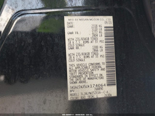 46066111 :رقم المزاد ، 5N1AZ2AJ5LN174064 vin ، 2020 Nissan Murano S Fwd مزاد بيع