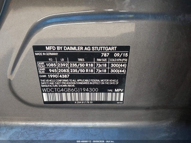 46066112 :رقم المزاد ، WDCTG4GB6GJ194300 vin ، 2016 Mercedes-benz Gla 250 4matic مزاد بيع