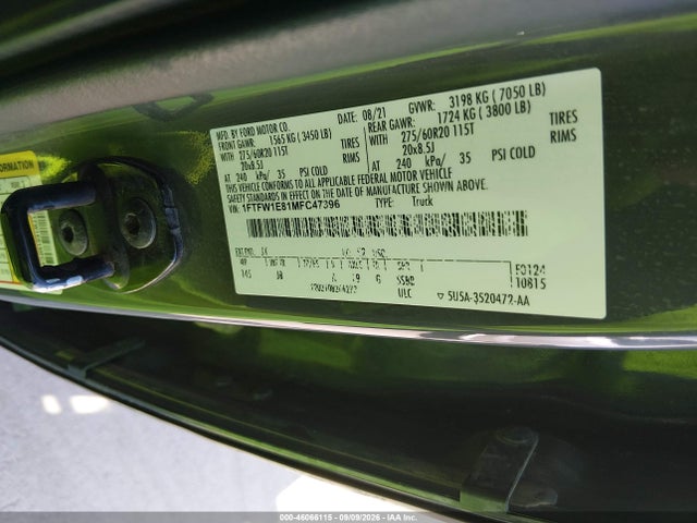 2021 Ford F-150 Xl მანქანა იყიდება აუქციონზე, vin: 1FTFW1E81MFC47396, აუქციონის ნომერი: 46066115