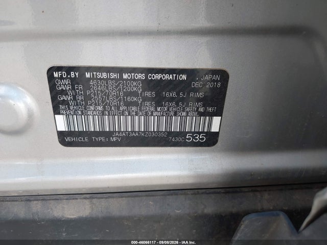 2019 Mitsubishi Eclipse Cross Es მანქანა იყიდება აუქციონზე, vin: JA4AT3AA7KZ030352, აუქციონის ნომერი: 46066117
