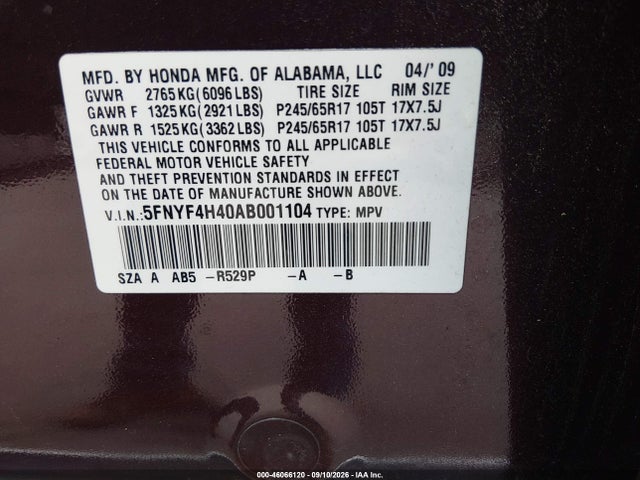 Aukcja sprzedaży 2010 Honda Pilot Ex, vin: 5FNYF4H40AB001104, numer aukcji: 46066120