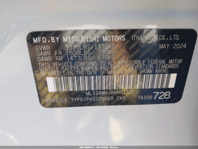 Auction sale of the 2024 Mitsubishi Mirage Black Edition/ralliart/se, vin: ML32AWHJ8RH015210, lot number: 46066121