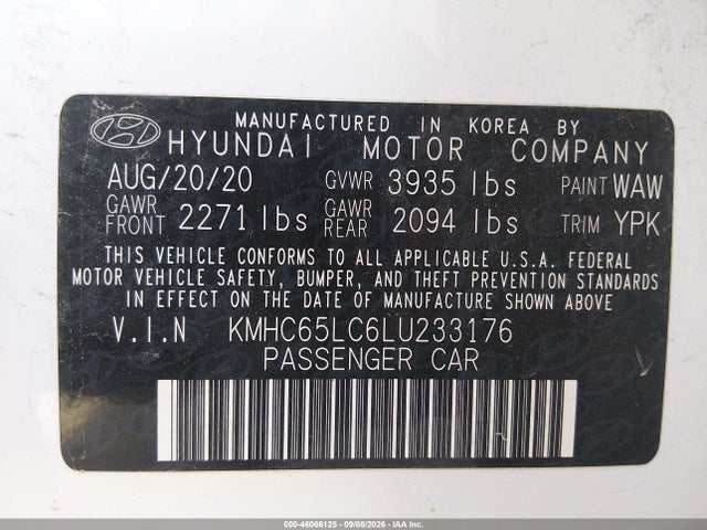 46066125 :رقم المزاد ، KMHC65LC6LU233176 vin ، 2020 Hyundai Ioniq Hybrid Blue مزاد بيع