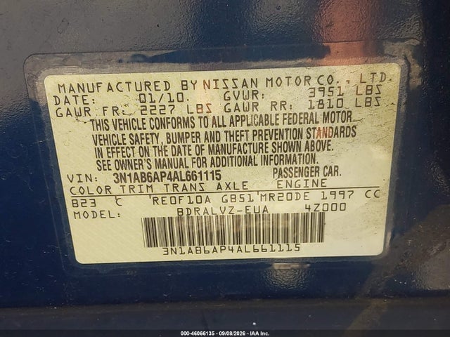 Продажа на аукционе авто 2010 Nissan Sentra 2.0sl, vin: 3N1AB6AP4AL661115, номер лота: 46066135