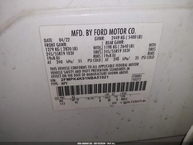 2022 Ford Edge Titanium მანქანა იყიდება აუქციონზე, vin: 2FMPK4K91NBA51021, აუქციონის ნომერი: 46066136