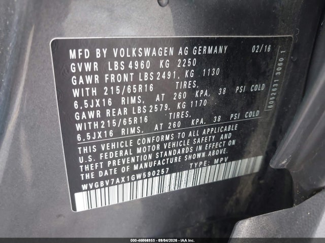 46066151 :رقم المزاد ، WVGBV7AX1GW590257 vin ، 2016 Volkswagen Tiguan S مزاد بيع