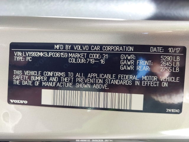 Auction sale of the 2018 Volvo S90 T6 Momentum, vin: LVY992MK9JP036159, lot number: 46066153
