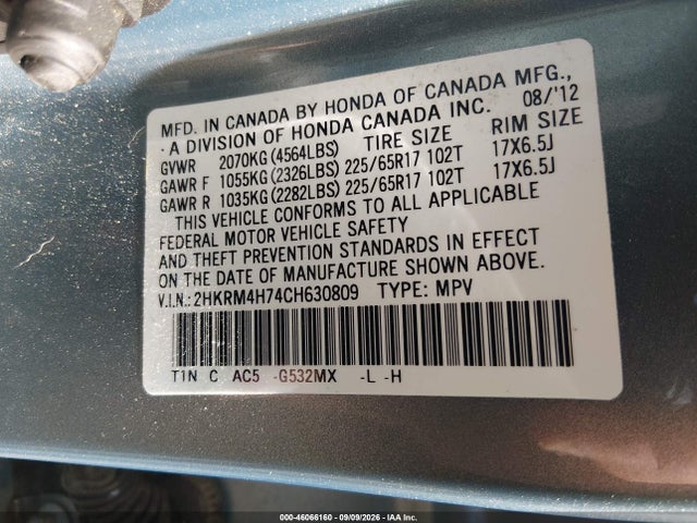 Auction sale of the 2012 Honda Cr-v Ex-l, vin: 2HKRM4H74CH630809, lot number: 46066160