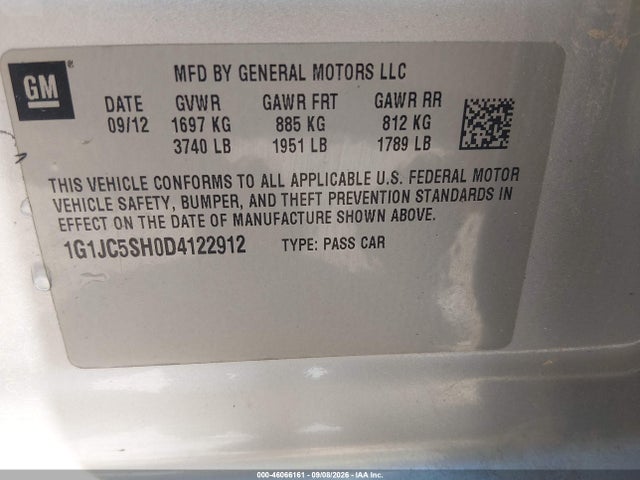 Aukcja sprzedaży 2013 Chevrolet Sonic Lt Auto, vin: 1G1JC5SH0D4122912, numer aukcji: 46066161