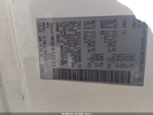 Aukcja sprzedaży 2013 Nissan Pathfinder Sl, vin: 5N1AR2MM5DC637033, numer aukcji: 46066166