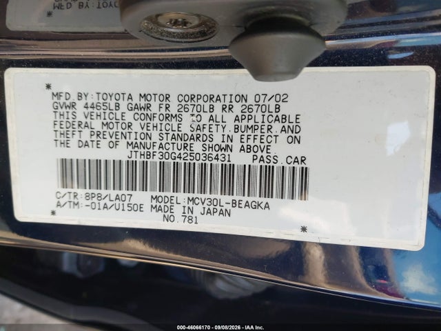 2002 Lexus Es 300 მანქანა იყიდება აუქციონზე, vin: JTHBF30G425036431, აუქციონის ნომერი: 46066170