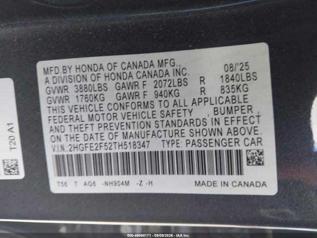 2026 Honda Civic Sport მანქანა იყიდება აუქციონზე, vin: 2HGFE2F52TH518347, აუქციონის ნომერი: 46066171