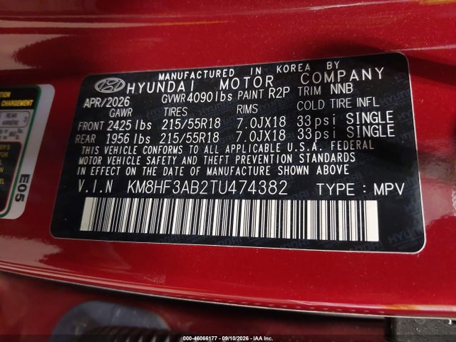 46066177 :رقم المزاد ، KM8HF3AB2TU474382 vin ، 2026 Hyundai Kona Sel Sport مزاد بيع